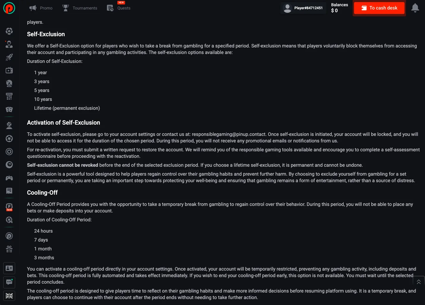 Pin Up self-exclusion and cooling-off settings panel