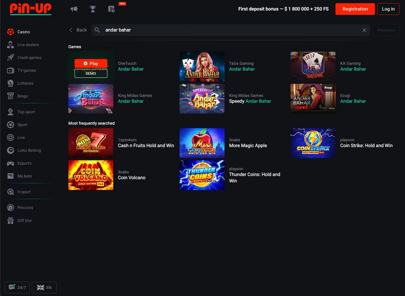 Pin Up slot lobby grid showing live slot catalog cards and category navigation used for RTP research